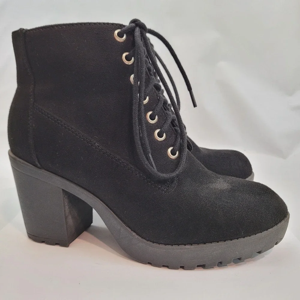Platform Ankle Boots Womens Black Suede Lace Up Lug Sole Block Heel